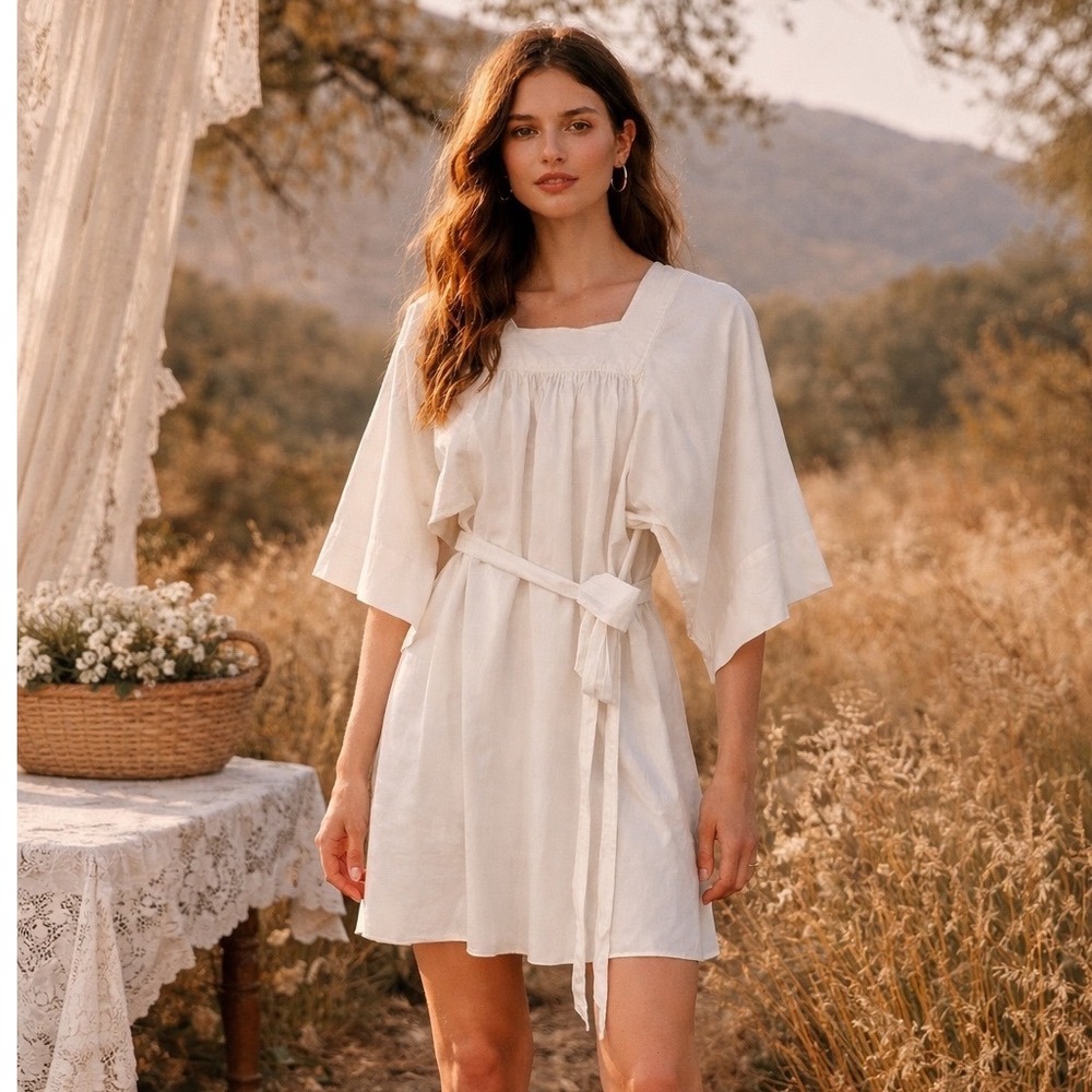 Doen White Cotton Tie Waist Mini Dress Size S Boho Cottagecore - Picture 9 of 9